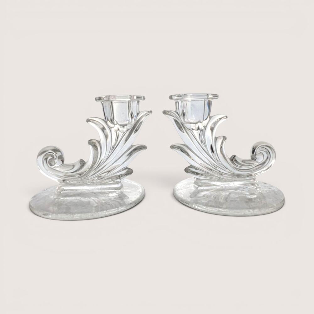 Mid-Century Fostoria Navarre Crystal Cornucopia Candlestick Pair
